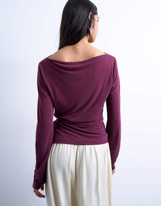 Topshop - Top a maniche lunghe in cupro bordeaux con arricciatura laterale, 4 di 4