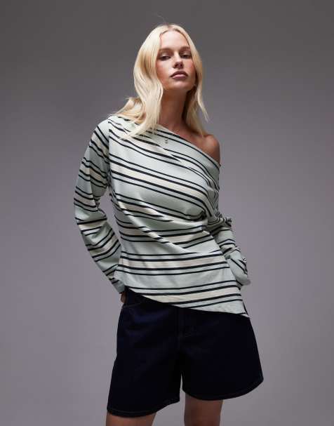 Topshop - Top a maniche lunghe in jersey verde a righe con design asimmetrico - view 1