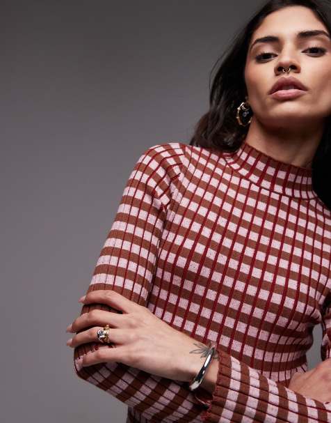 Topshop - Top a maniche lunghe in maglia a quadri multicolore placcato - view 1