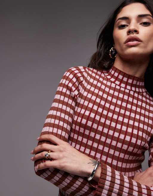 Topshop - Top a maniche lunghe in maglia a quadri multicolore placcato
