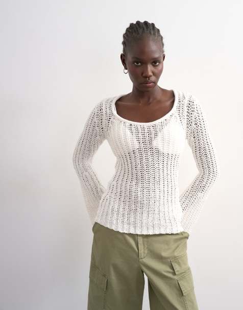 Topshop - Top a maniche lunghe in maglia traforata color avorio - view 1