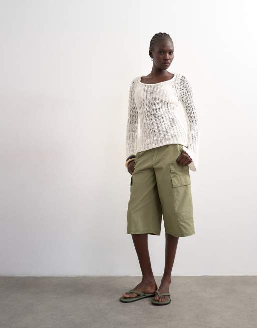 Topshop - Top a maniche lunghe in maglia traforata color avorio, 4 di 4