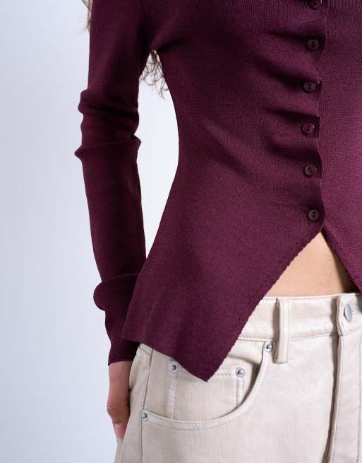 Topshop - Top a maniche lunghe in maglia viola prugna con volant e bottoni, 2 di 4