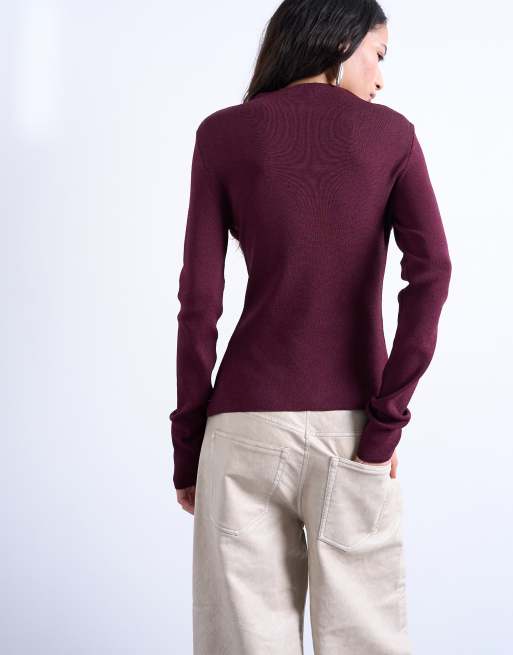 Topshop - Top a maniche lunghe in maglia viola prugna con volant e bottoni, 3 di 4