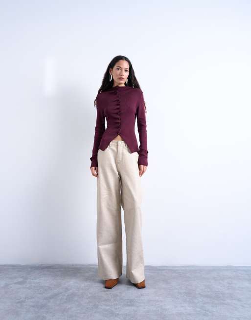 Topshop - Top a maniche lunghe in maglia viola prugna con volant e bottoni, 4 di 4