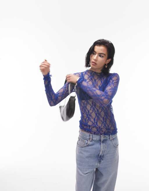 Topshop - Top a maniche lunghe in pizzo cobalto, 3 di 4