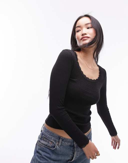 Topshop - Top a maniche lunghe in pizzo nero traforato