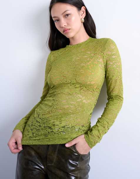 Topshop - Top a maniche lunghe in pizzo verde con arricciature laterali - view 1