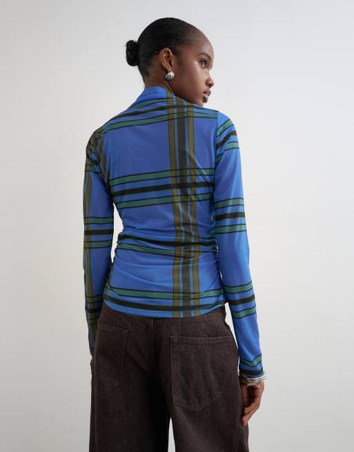 Topshop top a maniche lunghe in rete a quadri accollato blu, 4 di 4