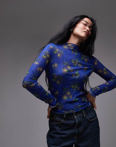 Topshop - Top a maniche lunghe in rete increspata blu con stampa a fiori - view 1