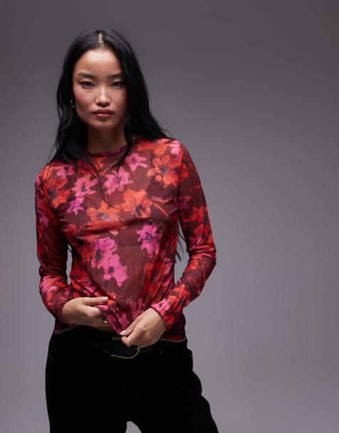 Topshop - Top a maniche lunghe in rete increspata bordeaux con stampa a fiori - view 1