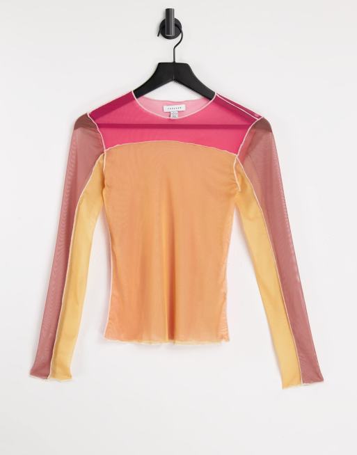 Topshop - Top a maniche lunghe in rete multicolore con toppe