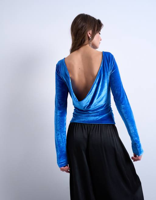 Topshop - Top a maniche lunghe in velluto blu con scollo ad anello sul retro, 4 di 4