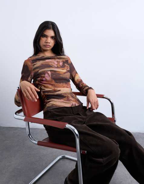 Topshop - Top a maniche lunghe multicolore arricciato con stampa astratta - view 1