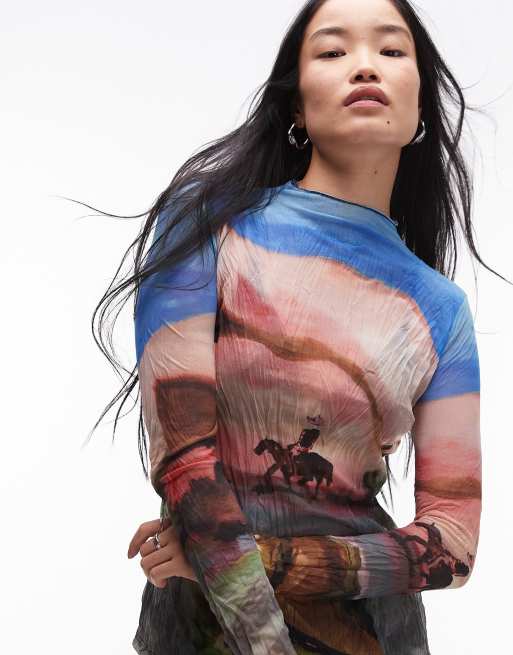 Topshop - Top a maniche lunghe multicolore stropicciato con motivo cowboy