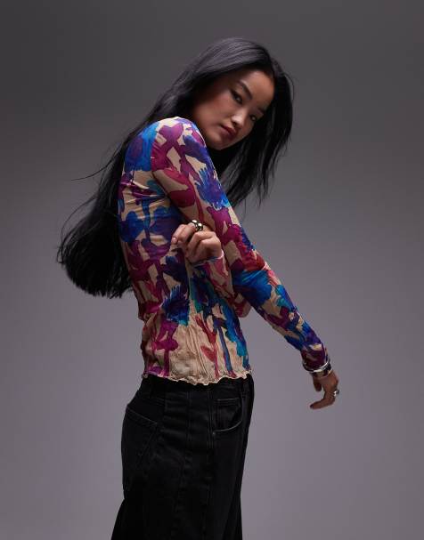 Topshop - Top a maniche lunghe multicolore stropicciato con stampa a fiori effetto acquerello - view 1