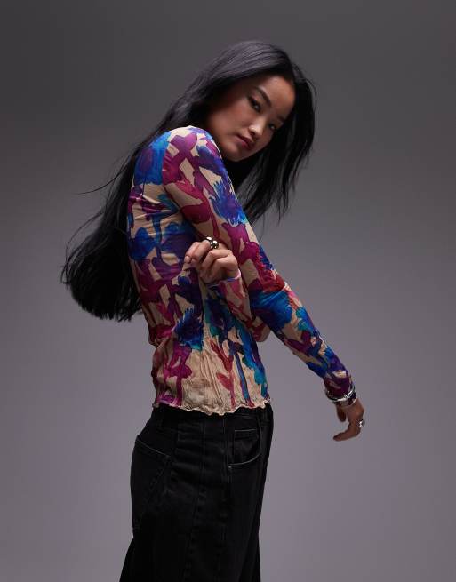 Topshop - Top a maniche lunghe multicolore stropicciato con stampa a fiori effetto acquerello