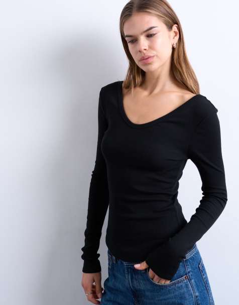 Topshop - Top a maniche lunghe nero a coste con scollo a V e orlo arrotondato - view 1