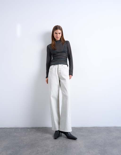 Topshop - Top a maniche lunghe nero accollato arricciato a pois, 2 di 4