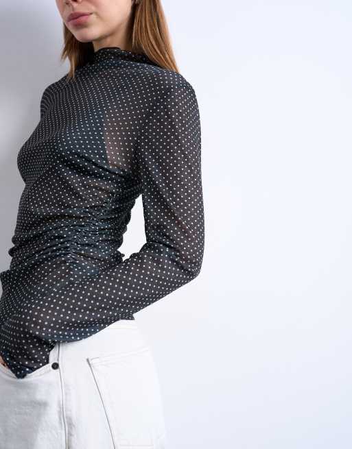 Topshop - Top a maniche lunghe nero accollato arricciato a pois, 3 di 4