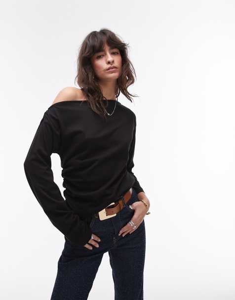 Topshop - Top a maniche lunghe nero asimmetrico in jersey con scollo a barchetta - view 1