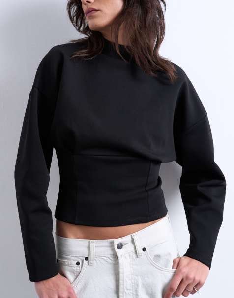 Topshop - Top a maniche lunghe nero in interlock con vita stile corsetto - view 1