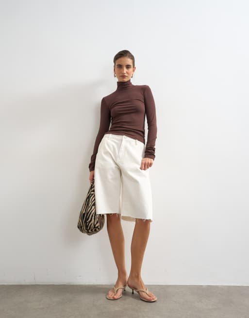 Topshop - Top a maniche lunghe premium color cioccolato a coste con collo a imbuto, 2 di 4