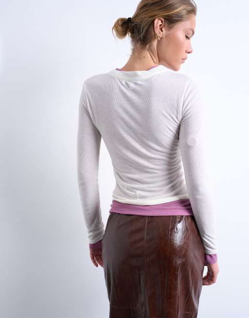Topshop - Top a maniche lunghe premium color crema e rosa trasparente a coste a doppio strato, 4 di 4