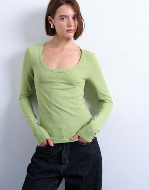 Topshop - Top a maniche lunghe premium con scollo rotondo ampio verde a coste - view 1