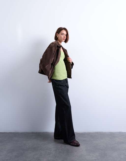 Topshop - Top a maniche lunghe premium con scollo rotondo ampio verde a coste, 2 di 4