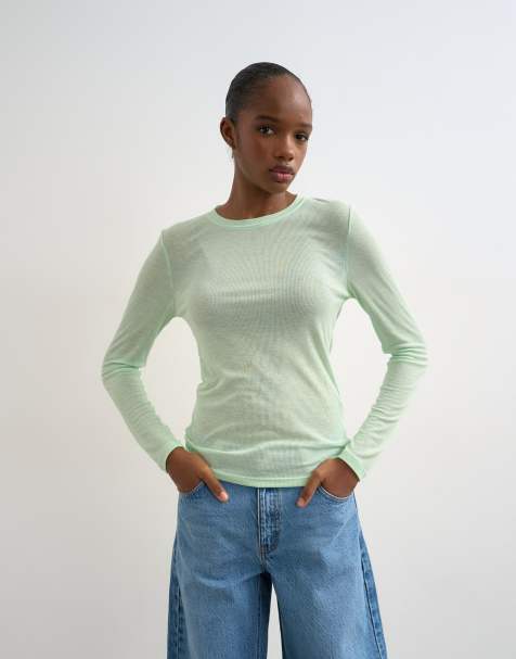 Topshop - Top a maniche lunghe premium trasparente verde menta a coste con scollo rotondo - view 1