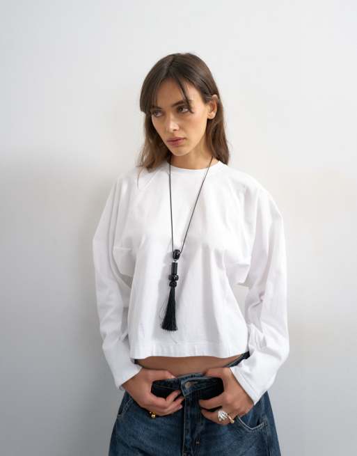 Topshop top a maniche lunghe raglan con polsini stretti color avorio