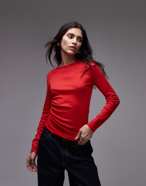 Topshop - Top a maniche lunghe rosso acceso raccolto sul lato - view 1