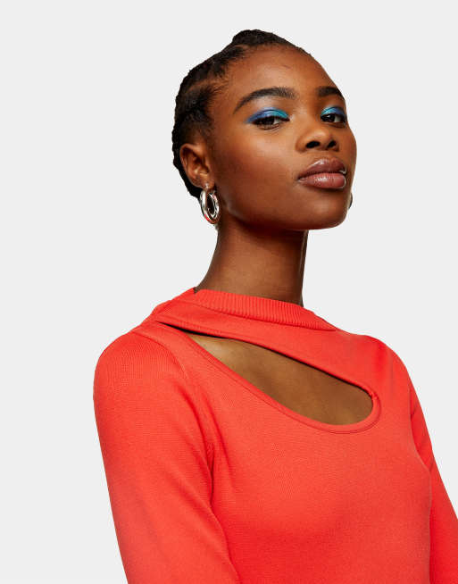 Topshop - Top a maniche lunghe rosso con dettaglio cut-out