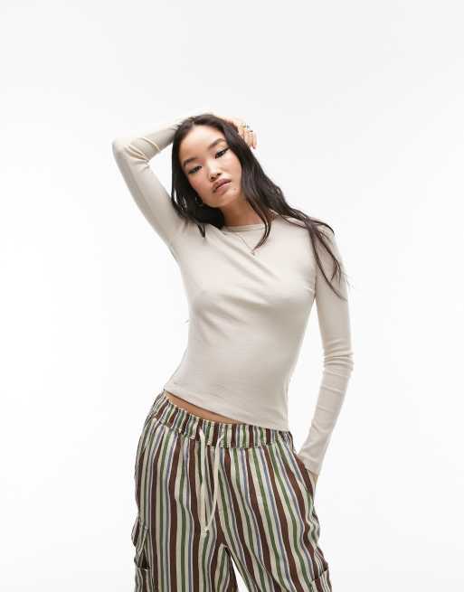 Topshop - Top a maniche lunghe slim color pietra