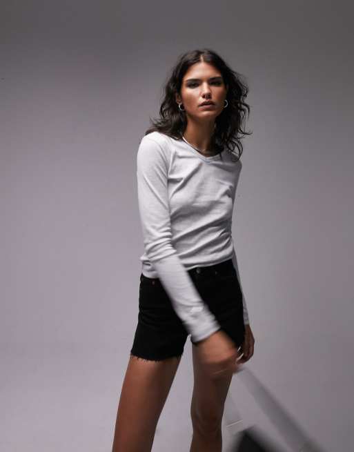 Topshop - Top a maniche lunghe slim con scollo a V grigio mélange