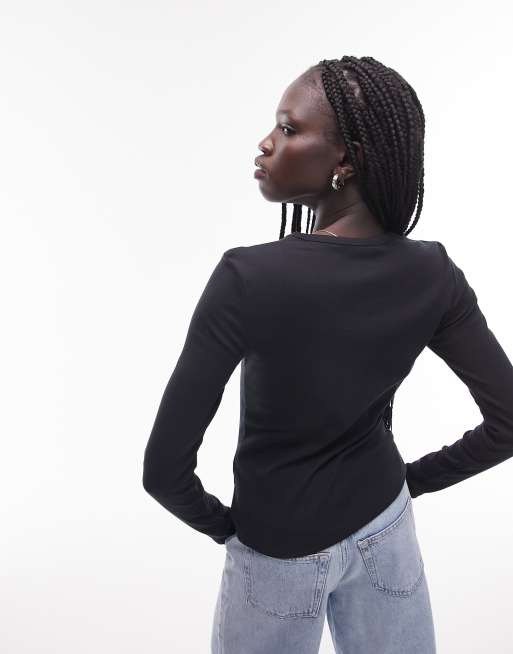 Topshop - Top a maniche lunghe slim nero con scollo a V, 3 di 4