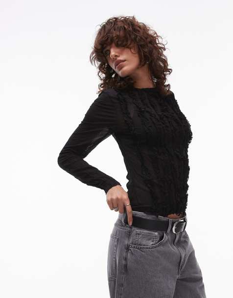 Topshop - Top a maniche lunghe trasparente nero con volant - view 1