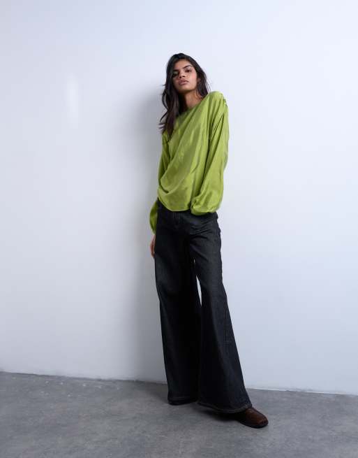 Topshop - Top a maniche lunghe verde con arricciatura laterale, 2 di 4