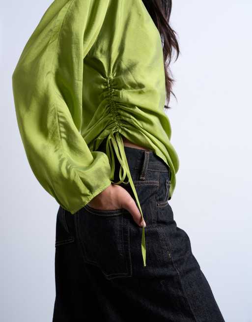 Topshop - Top a maniche lunghe verde con arricciatura laterale, 3 di 4