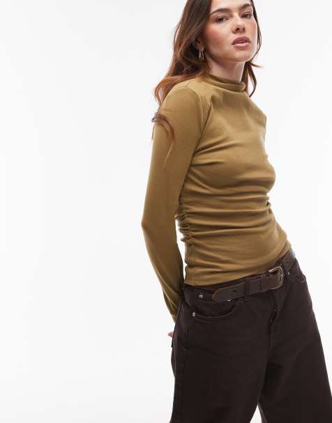 Topshop - Top a maniche lunghe verde con scollo a imbuto - view 1