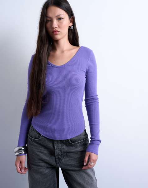 Topshop - Top a maniche lunghe viola a coste con fondo arrotondato e scollo a V - view 1