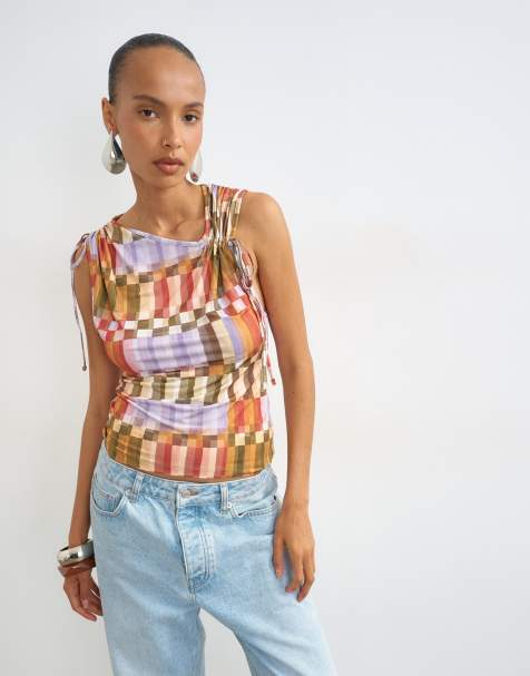 Topshop top a quadri con dettaglio arricciato rosso - view 1