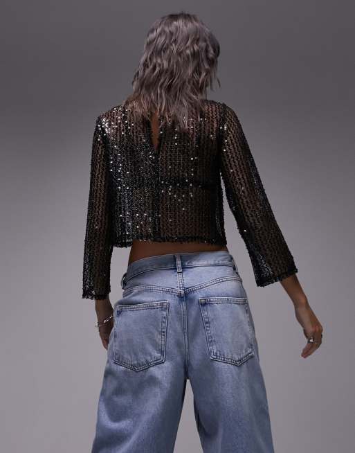 Topshop - Top à sequins et à manches longues - Noir, 2 de 4
