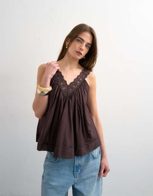 Topshop - Top a trapezio in pizzo color cioccolato con scollo a V profondo, 1 di 4