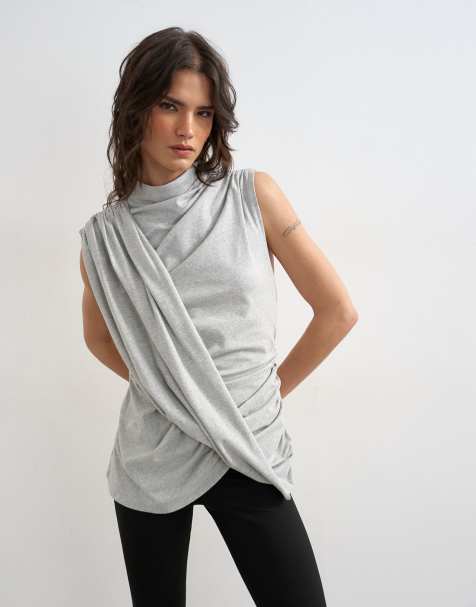 Topshop - Top a tunica grigio mélange con drappeggio sul davanti - view 1
