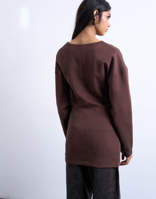 Topshop - Top a tunica in tessuto interlock color cioccolato con scollo a V e maniche voluminose, 2 di 4