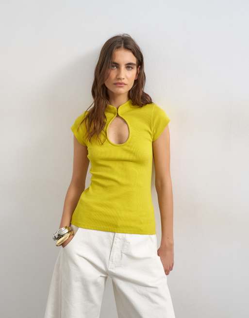 Topshop top acanalado con abertura tipo lágrima en chartreuse, 1 de 4