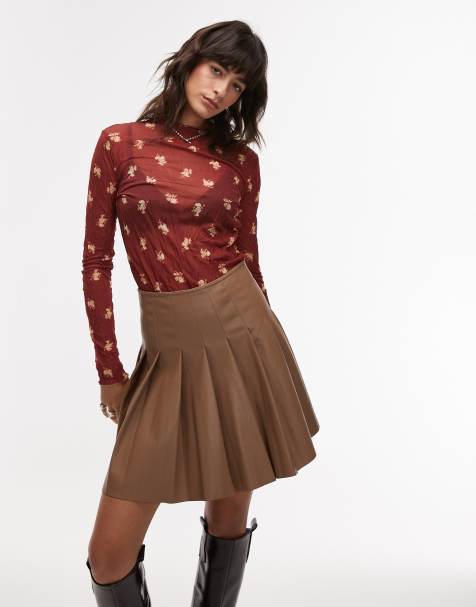 Topshop - Top accollato a maniche lunghe bordeaux stropicciato con stampa a fiorellini - view 1