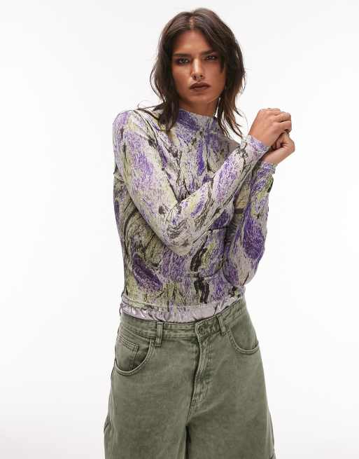 Topshop - Top accollato a maniche lunghe multicolore